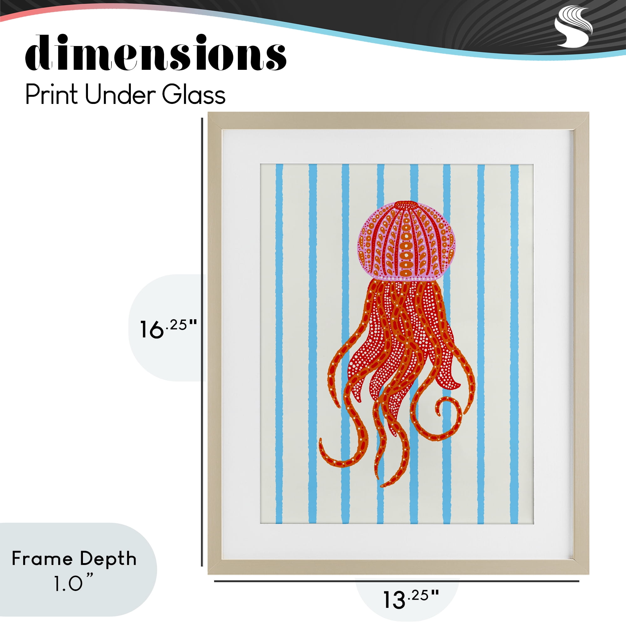 Stupell Industries Bright Aquatic Jellyfish on Stripes Birch Framed Print Under Glass, design by Indira Prieto | IndySign