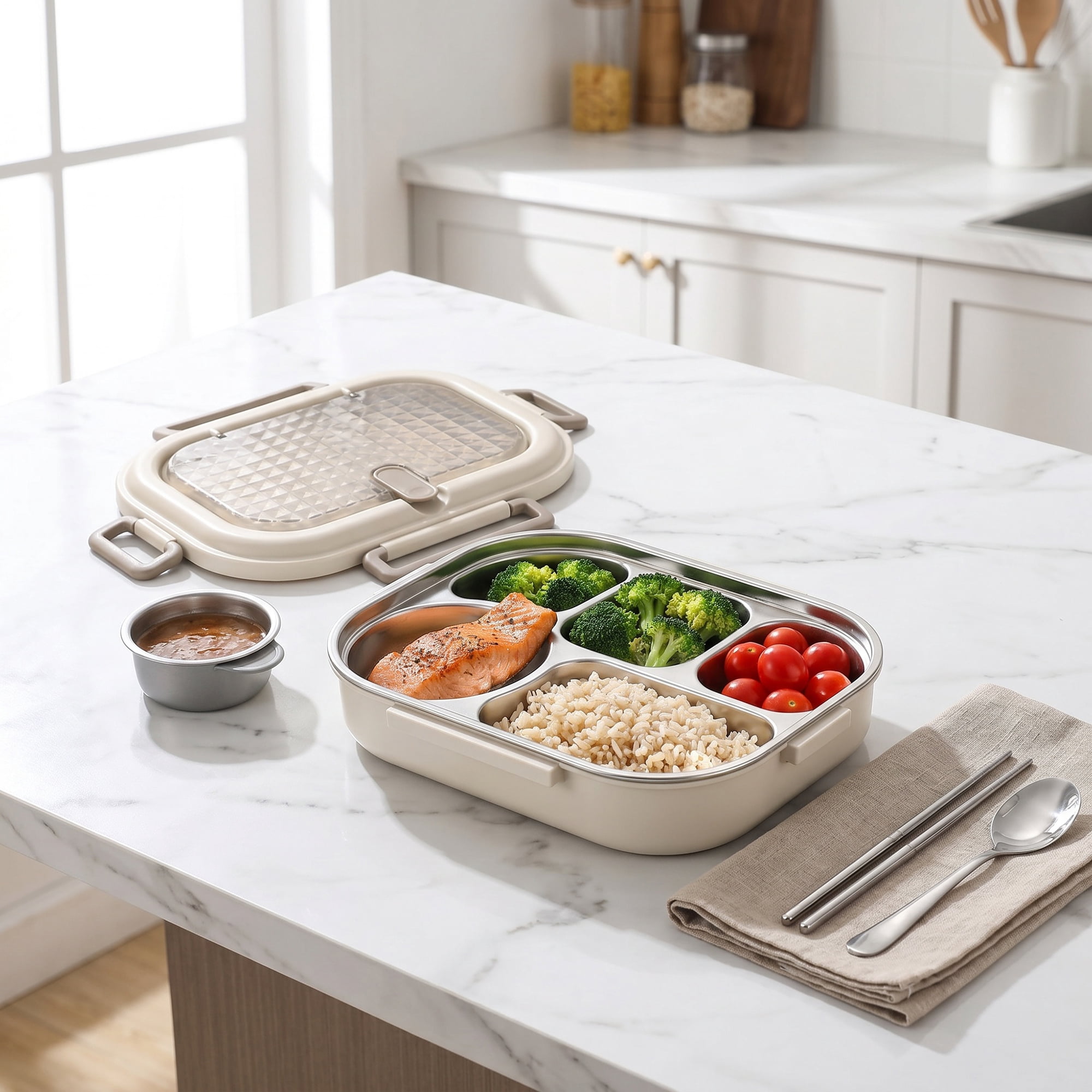 Unique Bargains Leak-Proof Meal Lunch Bento Box with Stainless Steel Light Brown-5