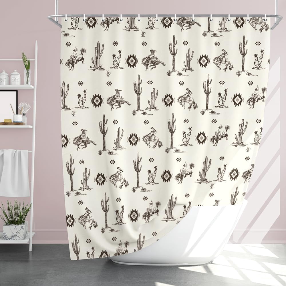 Western Cowboy Shower Curtain with Cactus Landscape, American Wild West Cowboy on Horse in Desert Bath Curtain Aztec Southwestern Theme Bathroom Decor Set with Hooks 70X70in