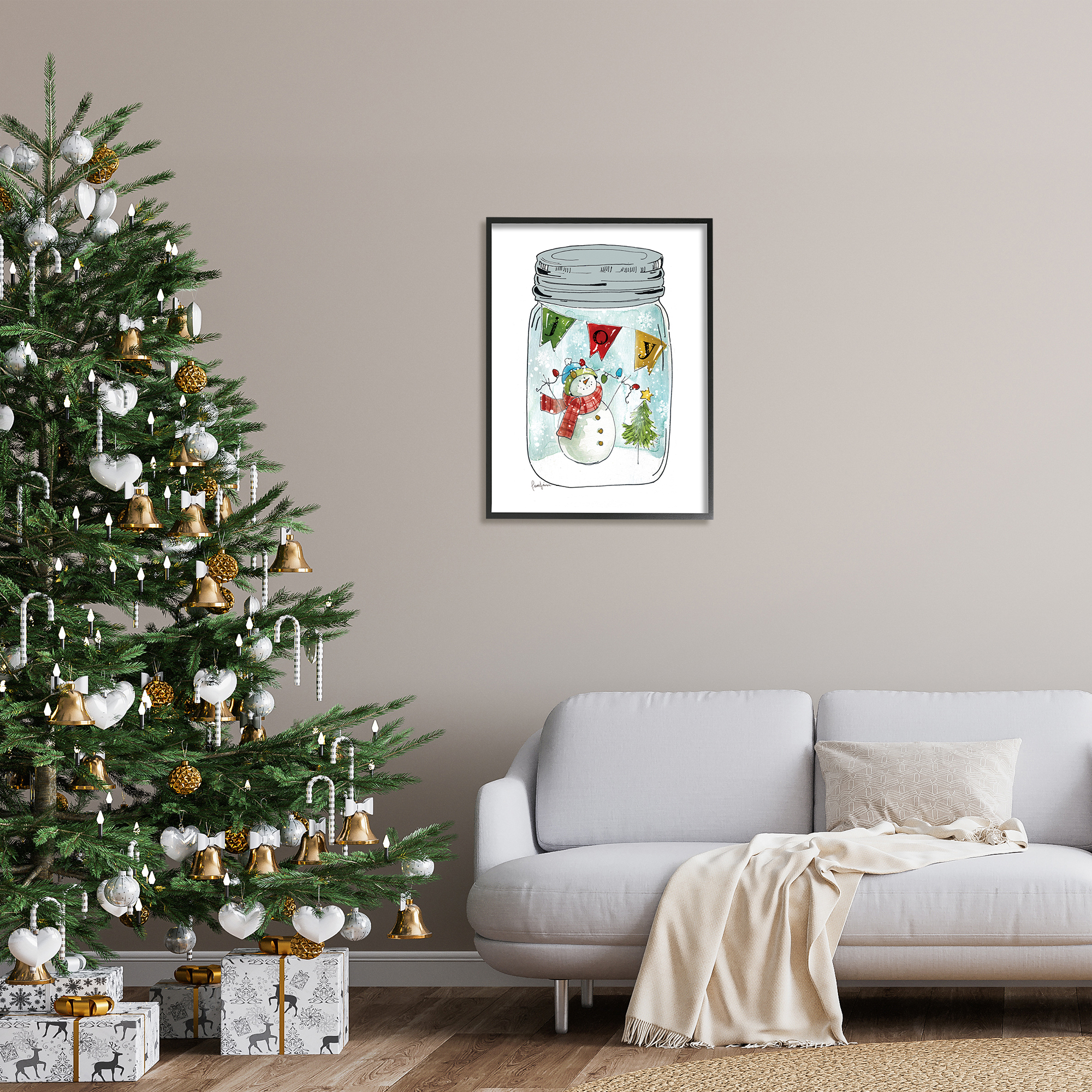 Stupell Industries Joy Text Snowman Christmas Tree Lights Country Jar, 24 x 30, Design by Livi Finn