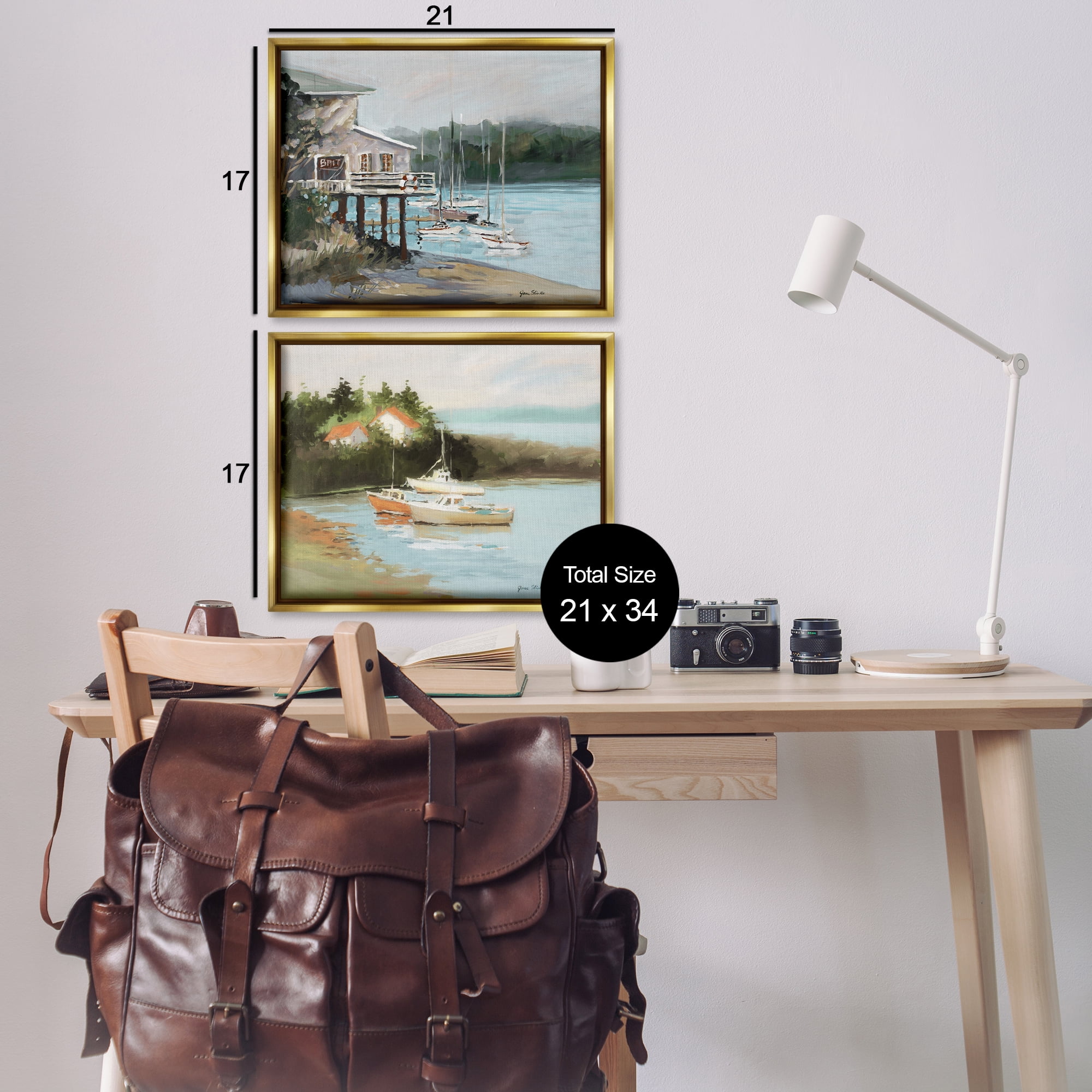 Stupell Industries Boat Lakeshore Landscape Landscape & Nature Painting Gold Floater Framed Canvas Art Print Wall Art, 21 x 17, Set of 2