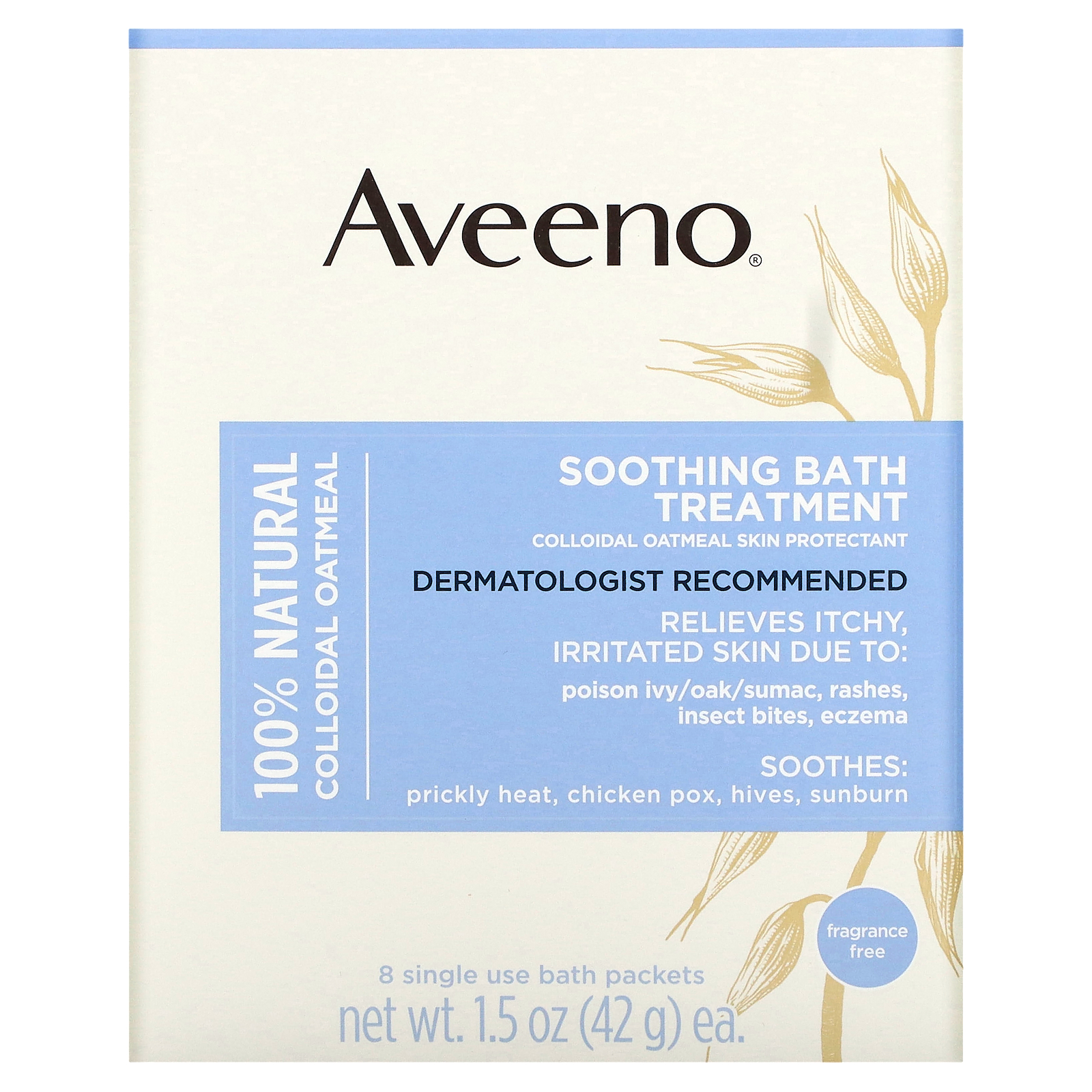 Aveeno, Soothing Bath Treatment, Fragrance Free, 8 Single Use Bath Packets ,1.5 oz (42 g) Each