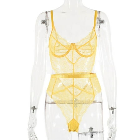 

Eloshman Ladies Sleepwear Lace Lingerie Deep V Teddy Bodysuit See Through Women Backless Floral Mini Crotchless Yellow M