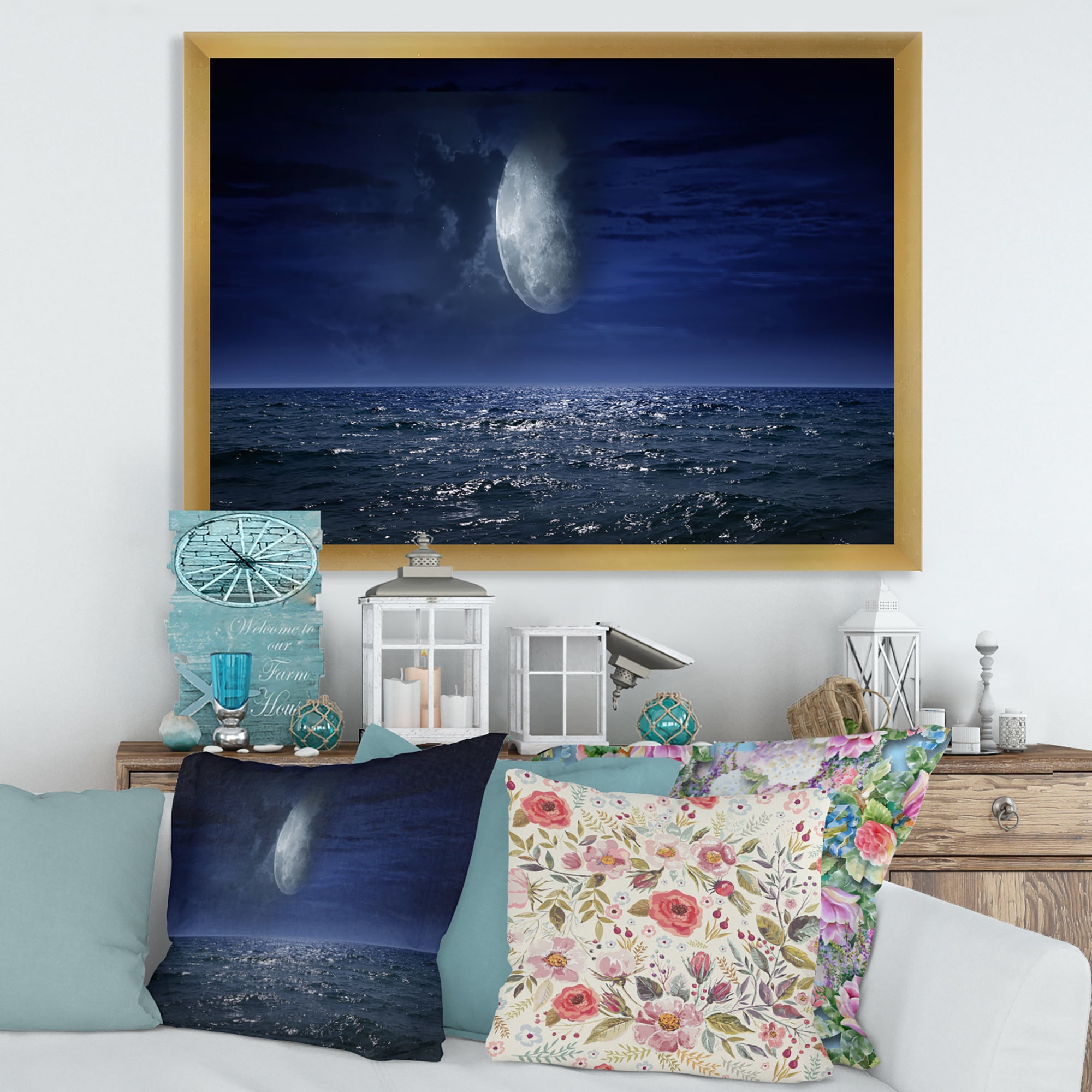 Designart 'Full Moon Night Over Dark Ocean' Nautical & Coastal Framed Art Print