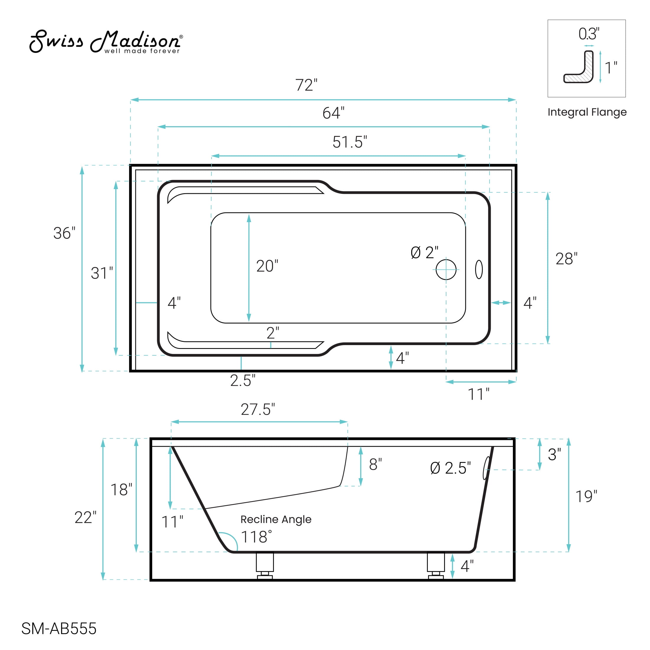Voltaire 72" x 36" Right-Hand Drain Alcove Bathtub with Apron and Armrest