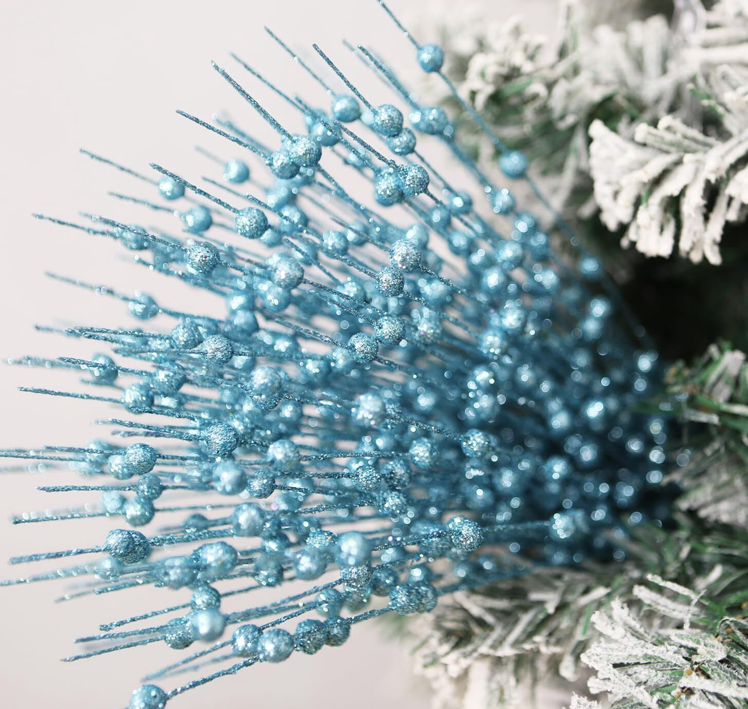 30 Pack Artificial Glitter Berry Stem Ornaments 15.7in Decorative Christmas Picks Glittery Bead Sticks Branches for Christmas Tree Decor DIY Wreath Crafts Home Decor (Lake Blue)