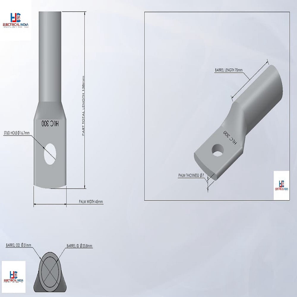 HLC Aluminum Lug | 300 mm² Wire Connector | Stud Hole | Heavy Duty Electrical Cable Lug | Crimp Type pack of 6
