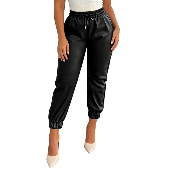 BOOMNY Womens Cropped Leather Pants Straight Leg Motorcycle Pants for Women Elastic Waist Drawstring Fashion Jogger Trousers with Pocket