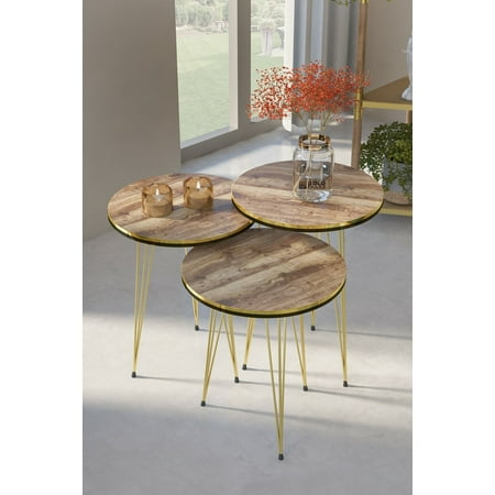 Walnut Nesting Coffee Tables 3 PCS,Round Side Table With Gold 3-Rod Metal Legs,Set of 3 Small Accent Table with Gold/Black Side Details, Nightstand Modern End Table for Living Room Bedroom