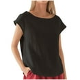 thumbnail image 2 of Sevevn Women's Summer Fashion Cropped Sleeves Lapel V-Neck Cotton Line Loose Shirt Blouse Black Womens T-shirt, 2 of 5