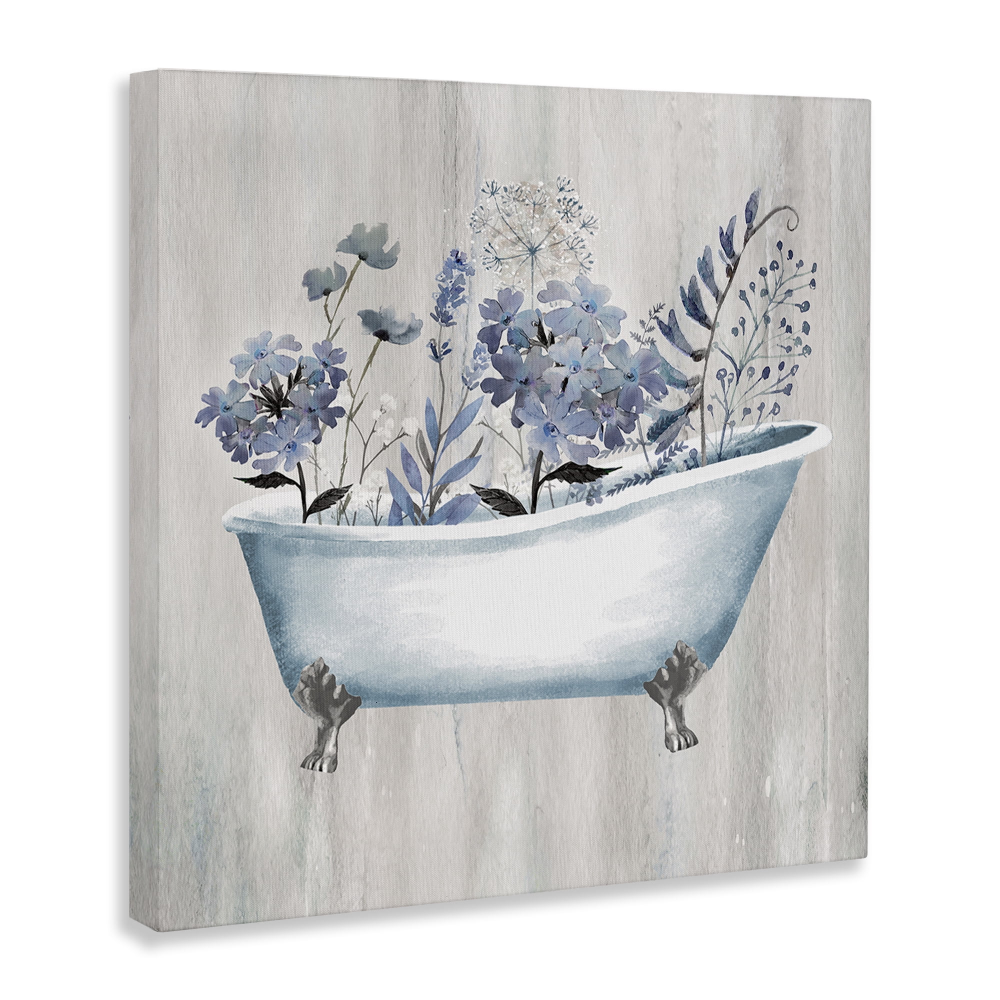 Stupell Industries Vintage Tub & Blue Florals Bath & Laundry Painting Wrapped Canvas Art Print Wall Art, 17 x 17