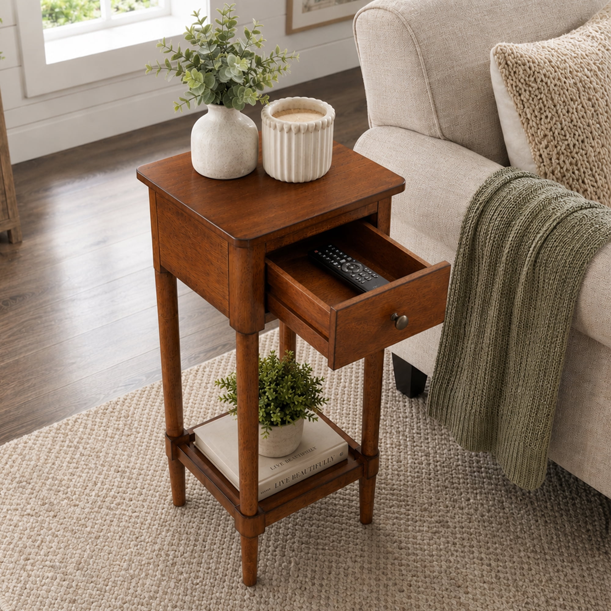 Convenience Concepts French Country Kourtney No Tools 1 Drawer Accent Table with Shelf, Vintage Walnut