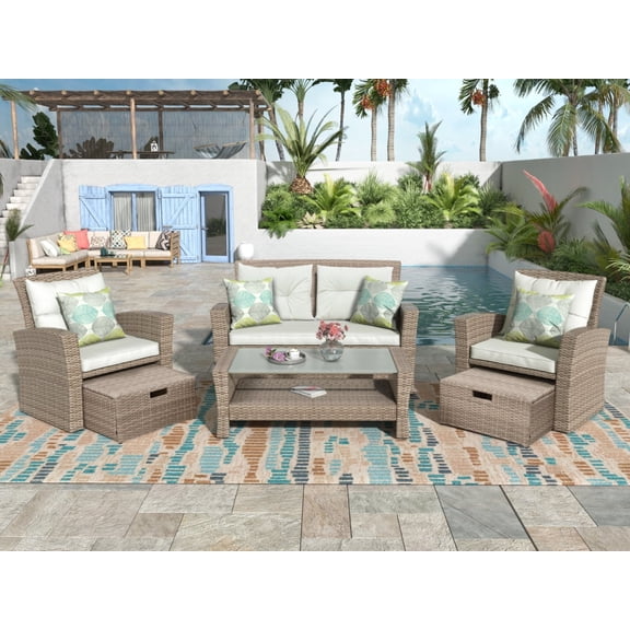 Newboti Patio Furniture Set, 4 Piece Outdoor Conversation Set All Weather Wicker Sectional Sofa with Ottoman and Cushions 578139153288968