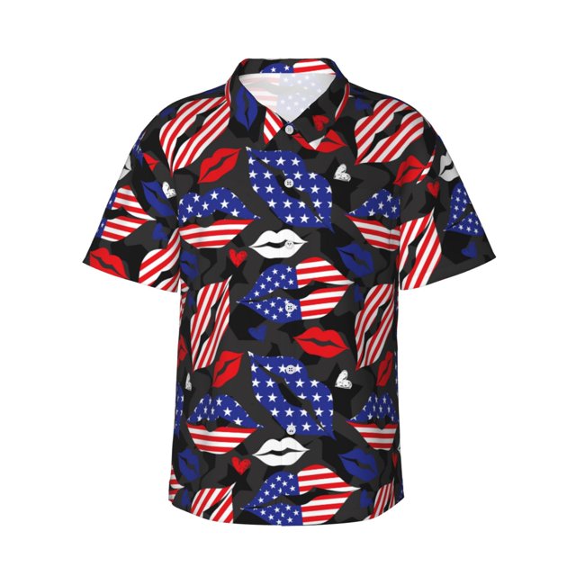 Fotbe American With Lips Camisa Hawaiana para Hombre Unisex – Camisa Casual de Verano con Botones de Manga Corta de Algodón y Lino,Medium