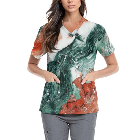 Scrub Tops Women Summer Medical Scrub Top Short Sleeve Holiday Fashion Printed Nurse Uniforms Shirt with Pockets