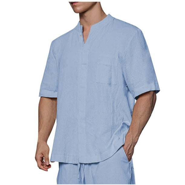 Camisetas Elvqul de Hombre Economicas Algodón Azul Celeste de Color Sólido Manga Corta Lino Cuello Redondo Botones
