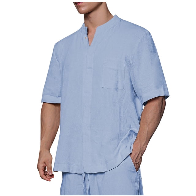 Birdeem Chemises pour Hommes Mode Décontractée Couleur Unie Bouton Manches Courtes Col Rond Blouses