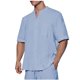 thumbnail image 1 of Camisetas Elvqul de Hombre Economicas Algodón Azul Celeste de Color Sólido Manga Corta Lino Cuello Redondo Botones, 1 of 8