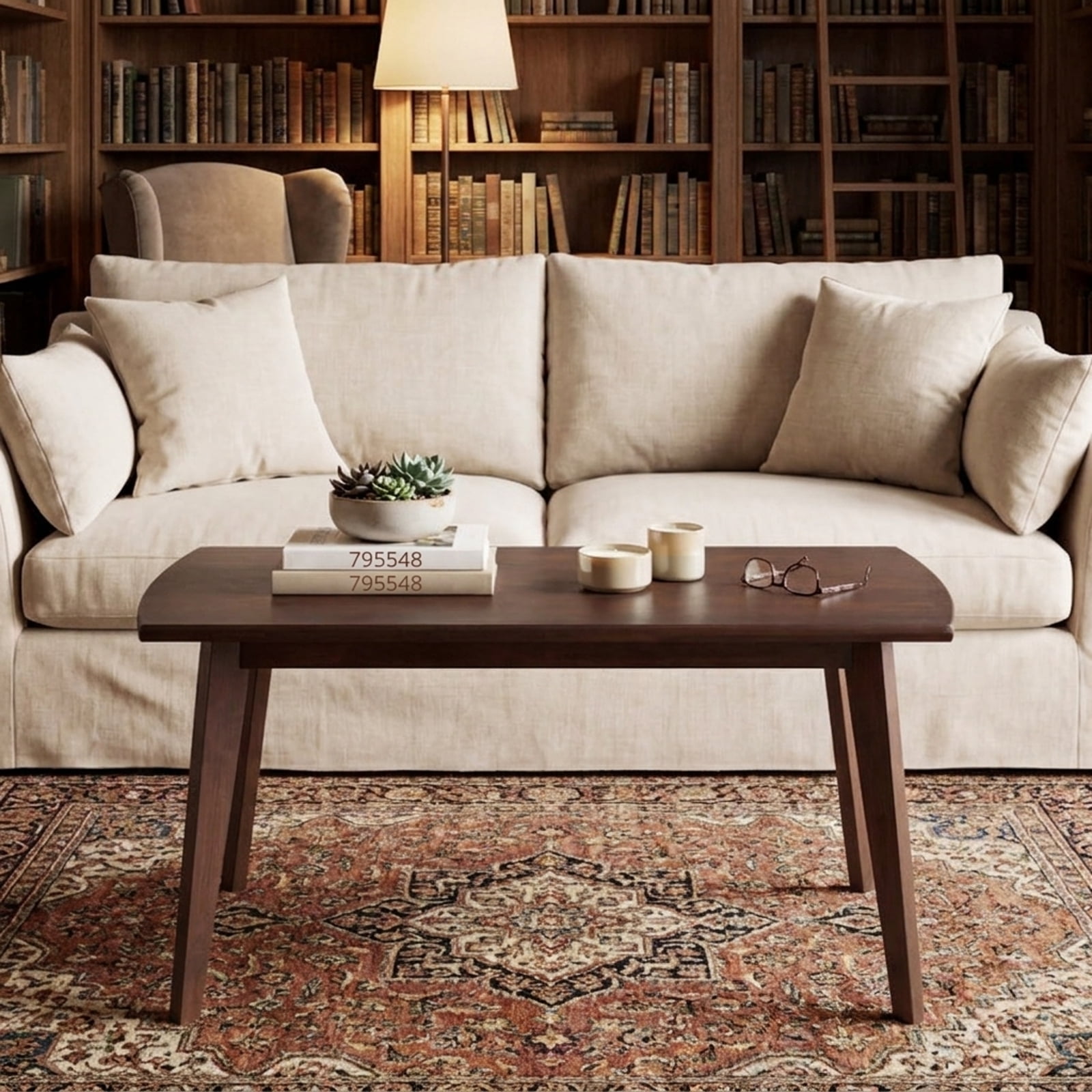 Furnibear Solid Wood Modern Coffee Table with Tapered Legs - Walnut - Living Room Cocktail Center Table