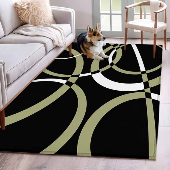 Rectangle Area Rugs 3 x 5 Ft, Black Geometric Non-Slip Residential Carpet, Modern Sage Green White Striped Art Indoor Crawling Mats Runner Rugs for Living Room/Dining Room/Bedroom