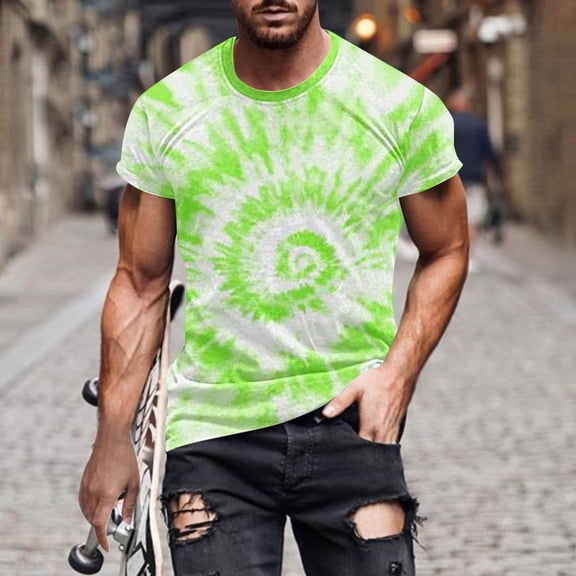 Wavsuf Mens Shirts Crew Neck Tie-Dye Summer Green T-Shirts Size M