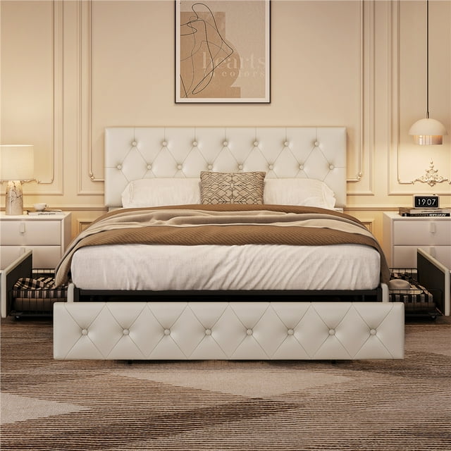 Yaheetech Cadre de Lit Plateforme Rembourré avec Tête de Lit Réglable et 3 Tiroirs de Rangement, Grand Lit, Beige