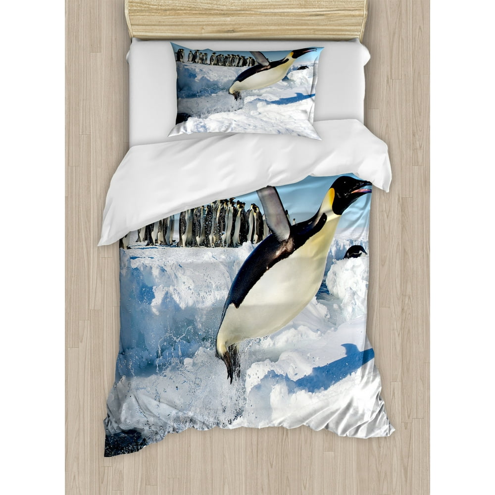 Penguin Duvet Cover Set Twin Size, Penguins Pole Wildlife Swimming