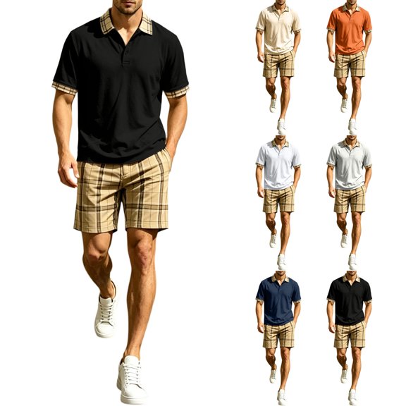 Sentmoon Men Short Sets Outfits Men T Shirts and Pants for Men Solid Color Short Sleeve Lapel Button Down Elastic Waist Summer Regular Fit Oversized Jogging Track Suits Mens with Pockets S-XXXL