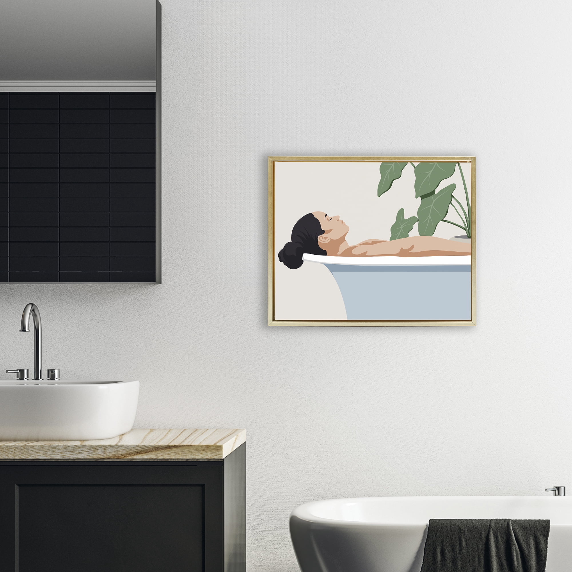 Stupell Industries Tub Relaxation Woman Gold Framed Floater Canvas Wall Art, design by Marcus Prime