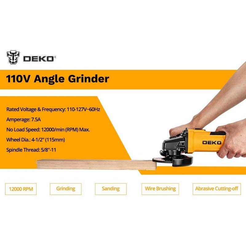 DEKO 110V Angle Grinder 12000 RPM 7.5A Power Tool Suitable for Sanding, Grinding, Wire Brushing & Abrasive Cutting Professional Grinding Electric Tool