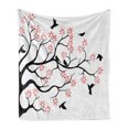 thumbnail image 1 of Birds Soft Flannel Fleece Throw Blanket, Silhouette of Mockingbirds Flying over the Plane Tree with Pinky Leaves, Cozy Plush for Indoor and Outdoor Use, 50" x 60", Coral Black and White, by Ambesonne, 1 of 6