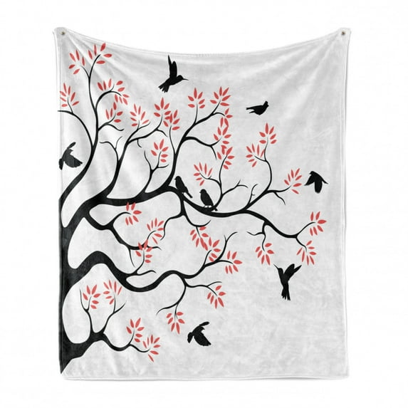 Birds Soft Flannel Fleece Throw Blanket, Silhouette of Mockingbirds Flying over the Plane Tree with Pinky Leaves, Cozy Plush for Indoor and Outdoor Use, 60" x 80", Coral Black and White, by Ambesonne