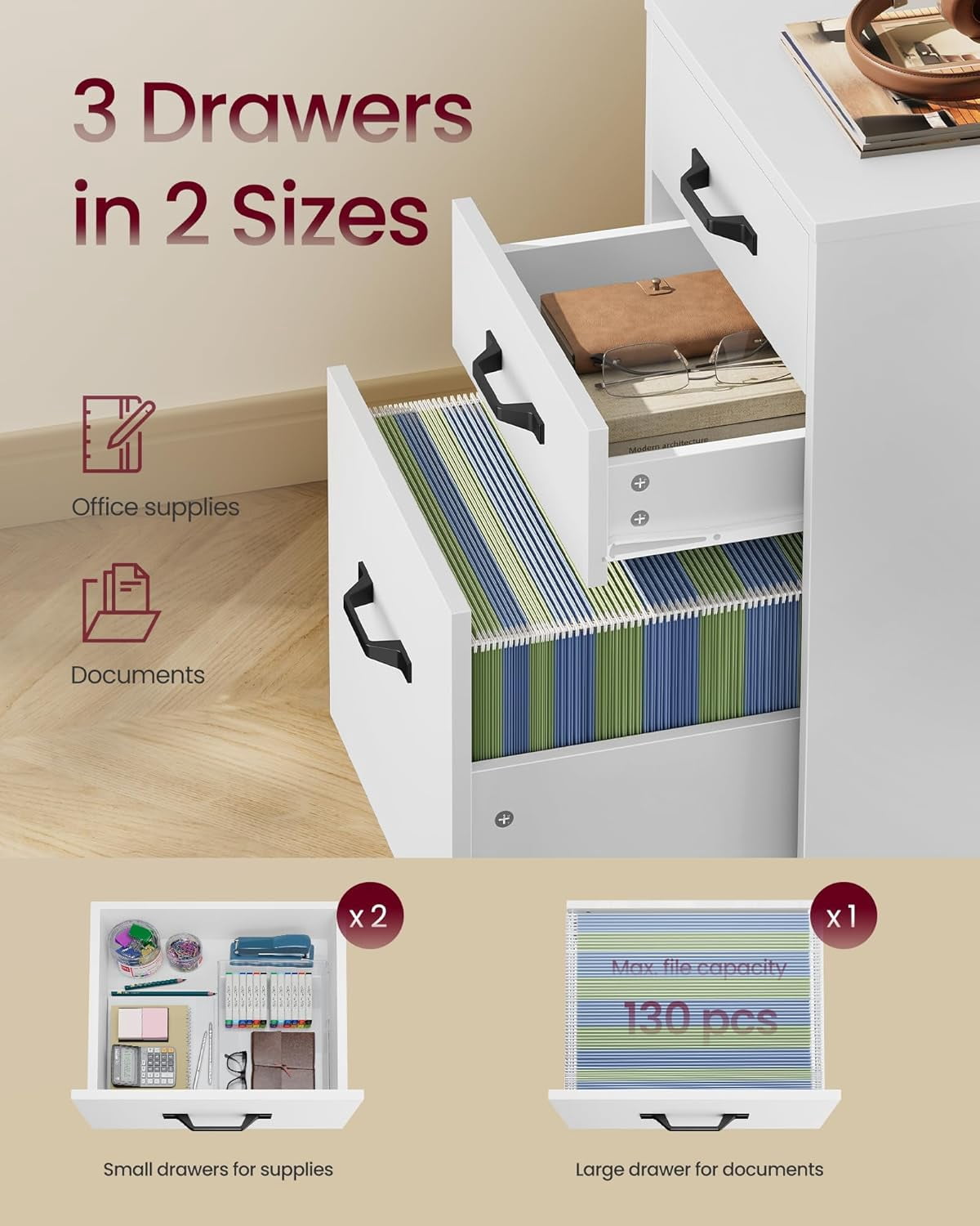 File Cabinet, 3 Drawers Filing Cabinet for Home Office, with Wheels, for A4, Letter Sized Documents, Hanging File Folders