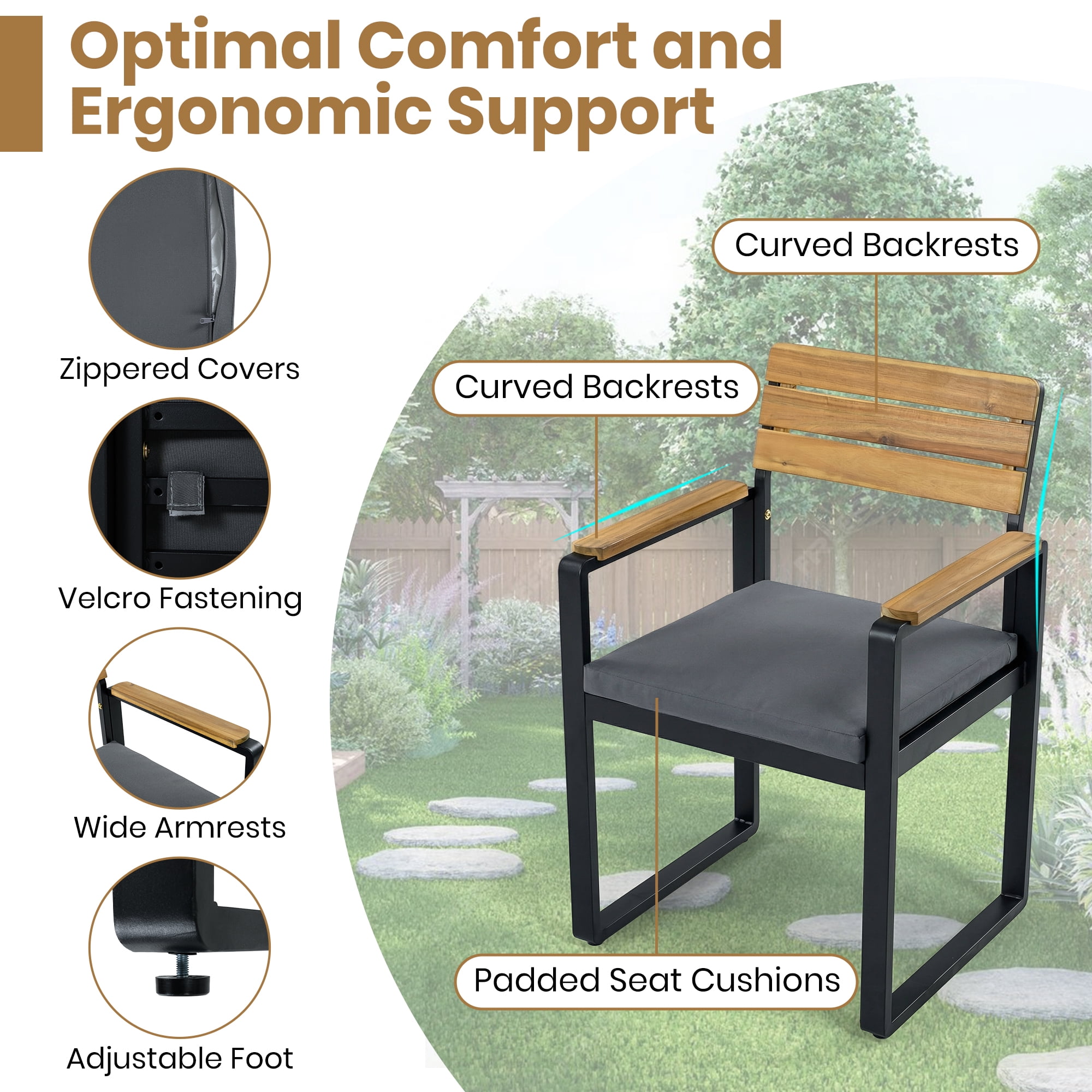 YIORTWO 6-Piece Outdoor Dining Set, Acacia Wood & Steel Patio Furniture for 6-7 Person, 1 Dining Table 4 Cushioned Chairs & 1 Bench, Gray
