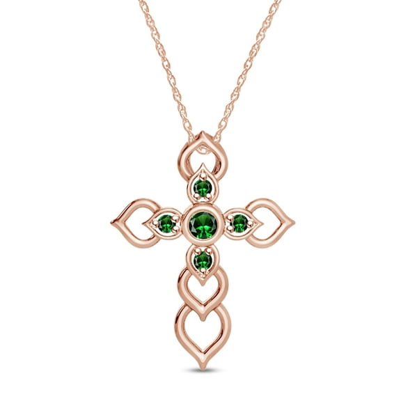 Round Cut Simulated Emerald Heart Cross Religious Pendant Necklace In 14k Rose Gold Plated 925 Sterling Silver Along With 18" Chain