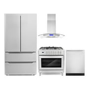 Cosmo 4 Piece Kitchen Appliance Packages with 36" Freestanding 220/240V Dual Fuel Range 36" Island Range Hood 24" Built-in Integrated Dishwasher & French Door Refrigerator Kitchen Appliance Bundles