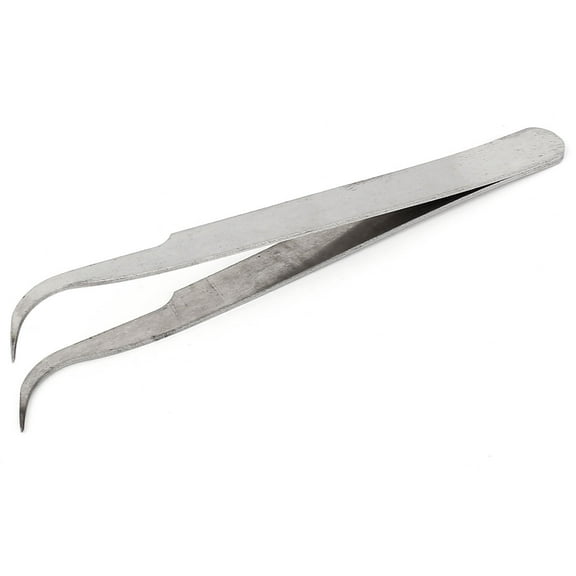 Unique Bargains Silver Tone Stainless Steel Bent Curved Pointed Tip Tweezers Pliers Repair Tool