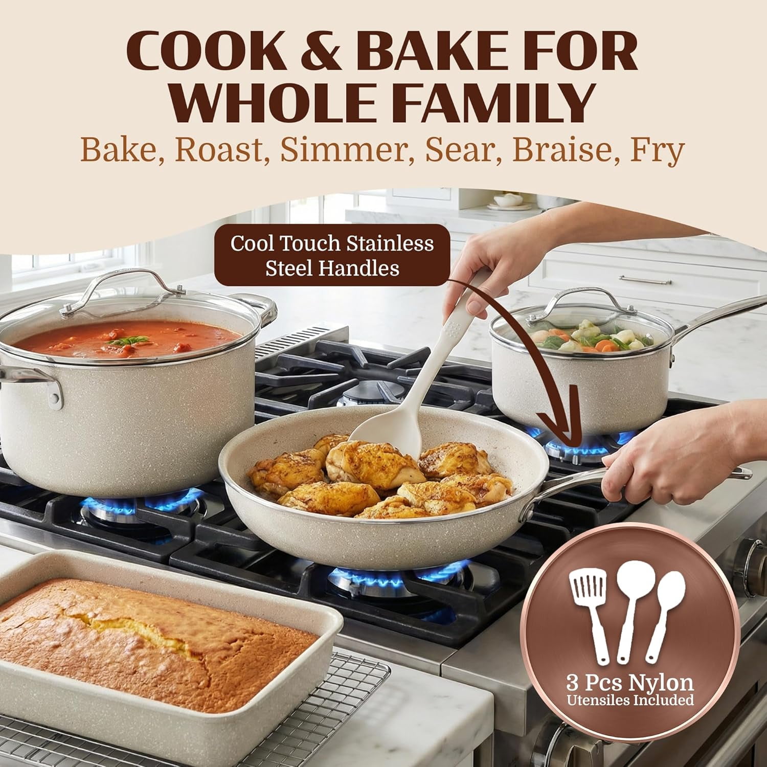 Granitestone 20 Pc Pots and Pans Set Non Stick, Pots and Pans Ceramic Cookware Set with Square Pan, Pot and Pan Set with Bakeware/Utensils, Non Stick Pots and Pan Set, Oven/Dishwasher Safe, Cream