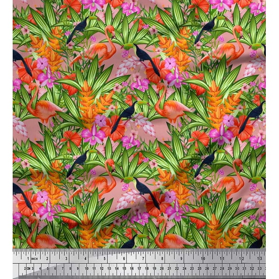 Soimoi Poly Georgette Fabric Floral,Toucan & Flamingo Bird Print Fabric by The Yard 52 Inch Wide