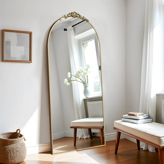 MAYEERTY 71"x31" Aluminum Alloy Full-length Mirror ,Thin Edged Arched Mirror for Bathroom with Bracket, Gold