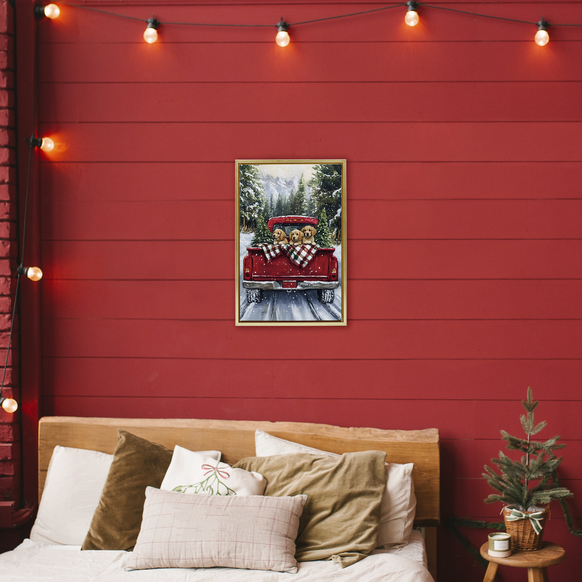 Golden Pups Christmas Truck Gold Framed Floater Canvas Wall Art, design by Petal Prints Design