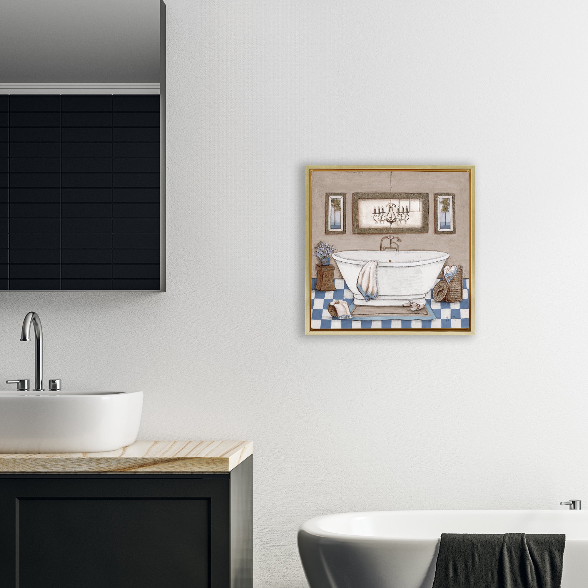 Stupell Industries Checkered Bathroom & Chandelier Gold Framed Floater Canvas Wall Art, design by Janet Tava