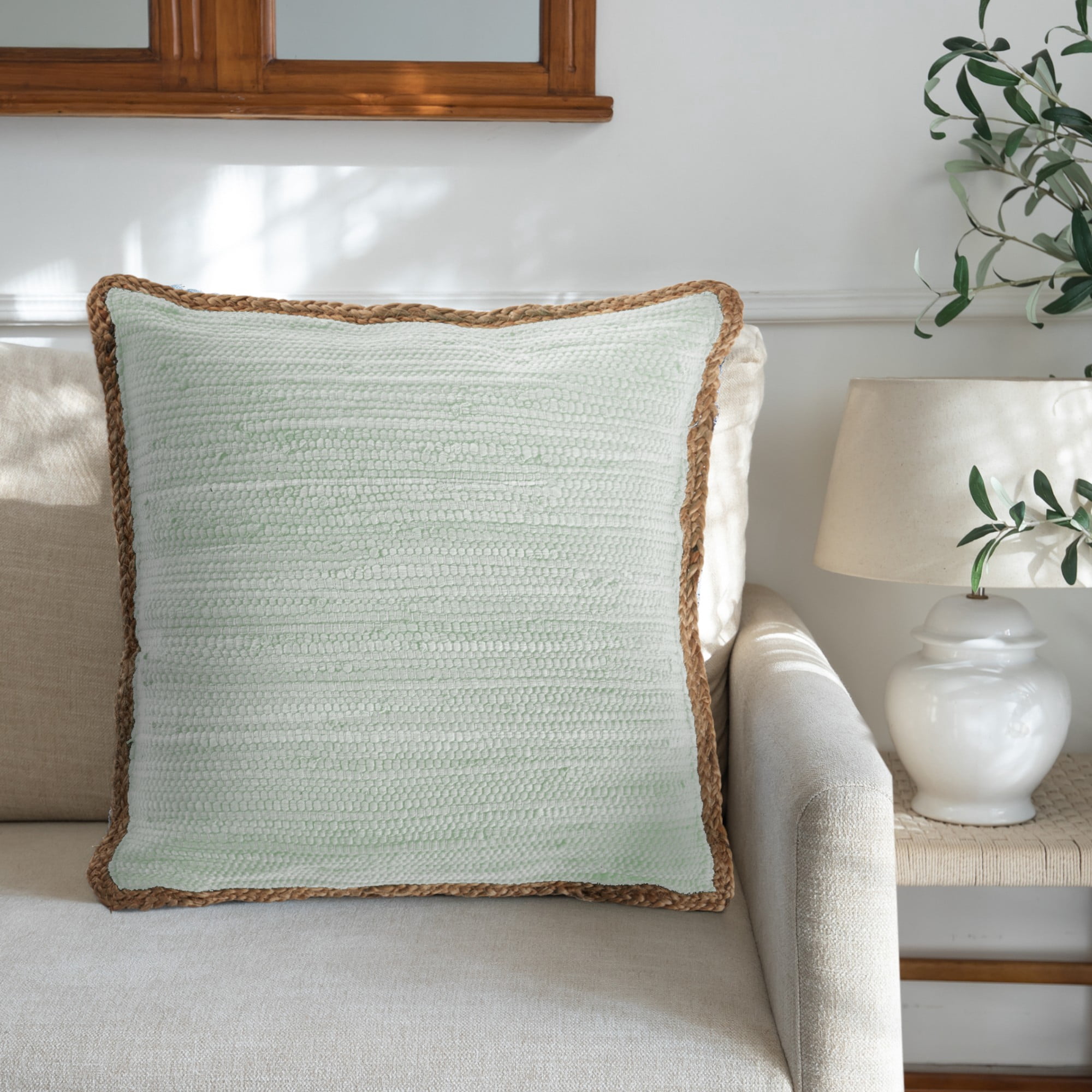 Laddha Home Designs Handwoven Flanged Border Cotton Throw Pillow Cover - 20" - Blue and Tan