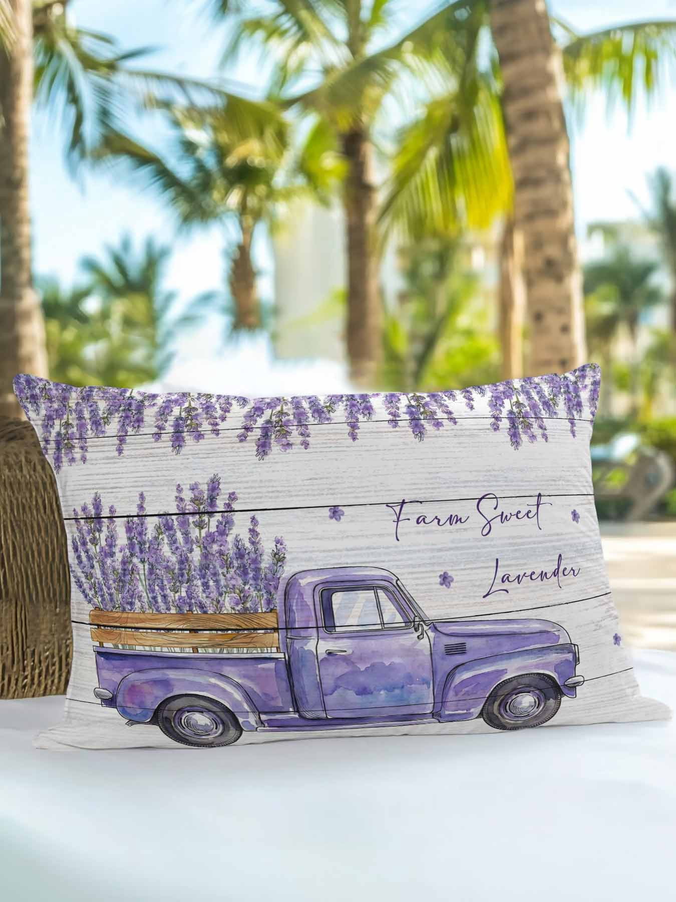 1 Pack Outdoor Throw Pillow, Purple Floral Waterproof Pillow with Insert Included, Spring Farmhouse Lavender Truck Wooden Gray Decorative Accent Cushion Lumbar Pillows for Patio Porch, 12 x 20 In