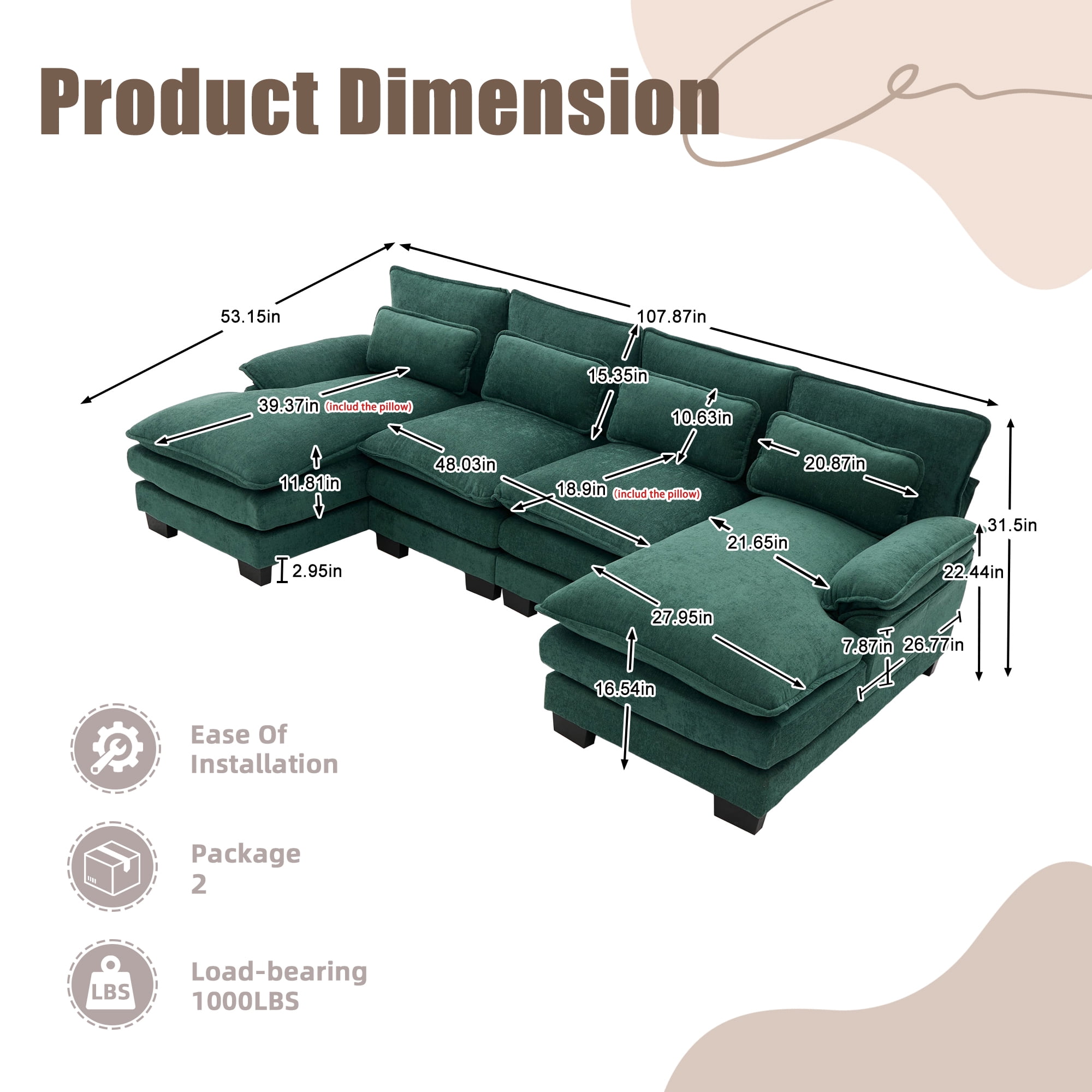 MOONMISS Chenille Upholstered U-Shaped Modular Wood Frame Sleeper Sectional Sofa with Double Chaise-Emerald