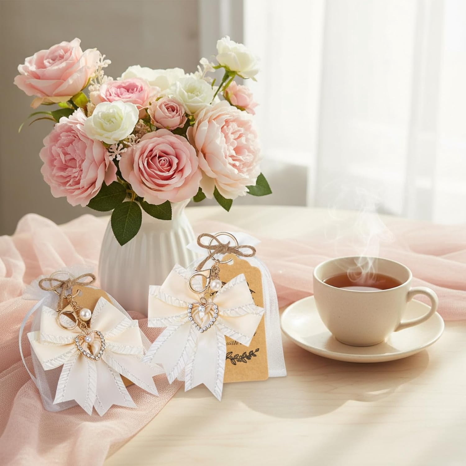 20 Set Pearl Bow Keychain Party Favor Bulk Steel Keyring Charm Accessories Souvenir Present Kraft Tag Organza Bag for Guest Baptism Bridal Shower Valentine Coquette Wedding Gift(White)