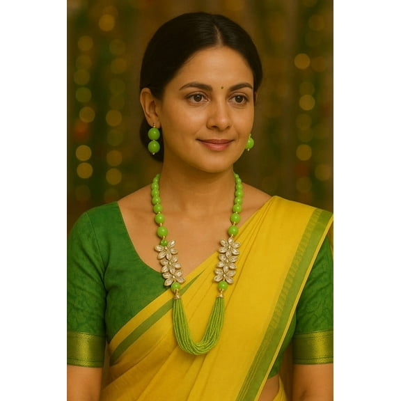 Women's Green Beaded Kundan Floral Necklace & Earrings Set – Traditional Festive Jewelry