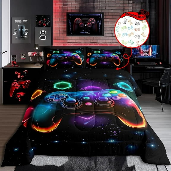 Gaming Comforter Set Twin 3pcs Microfiber,Colorful Galxy Bedding Decor,Gamepad Reversible