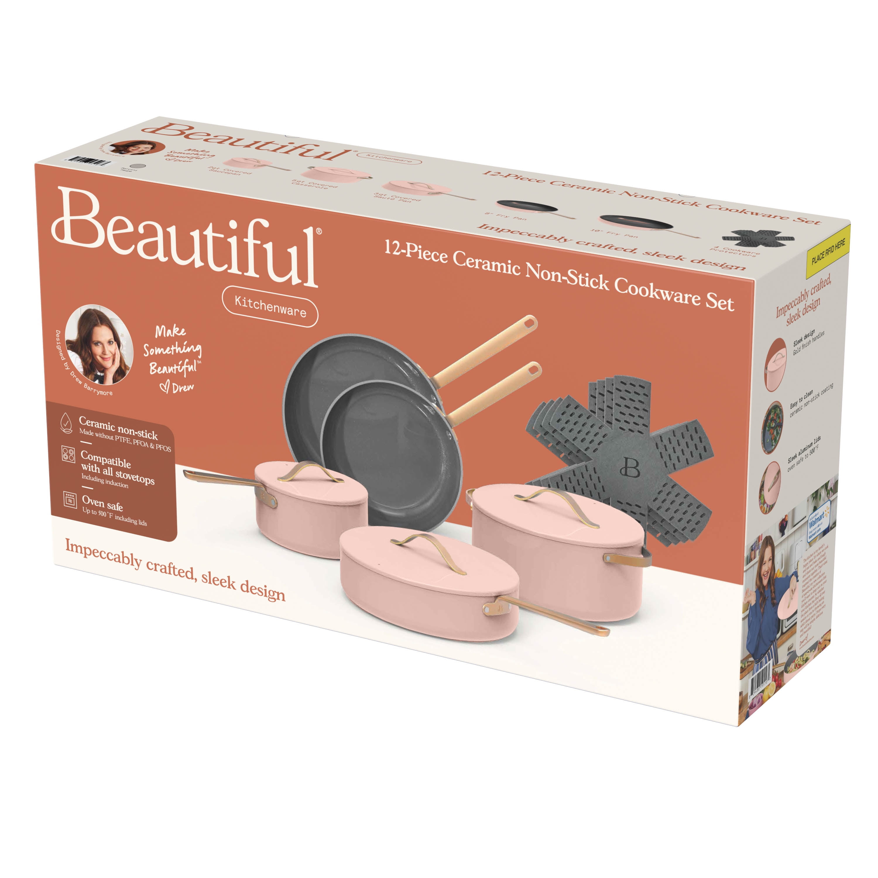 Beautiful 12pc Ceramic Non-Stick Cookware Set, Black Sesame by Drew Barrymore