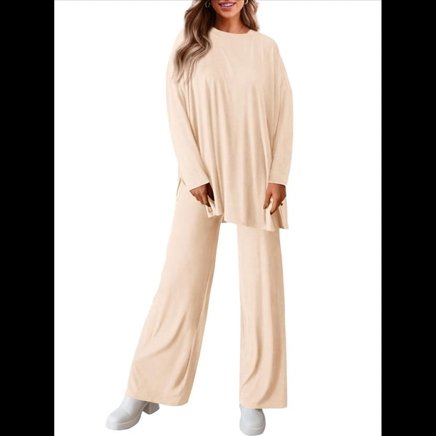 Conjuntos de Dos Piezas para Mujer, Camisetas de Larga A Juego, Pantalones Anchos y Chándales, Ropa de Otoño. Albaricoque XXL
